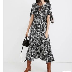 Madewell NEW Tie Sleeve Floral Print Tiered Midi Dress Size XS Black/White